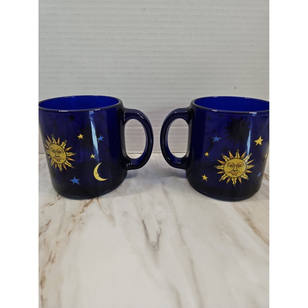 Vintage Libbey 2pc Cobalt Blue Glass Gold Sun Moon Star 3.75 in Celestial Mug